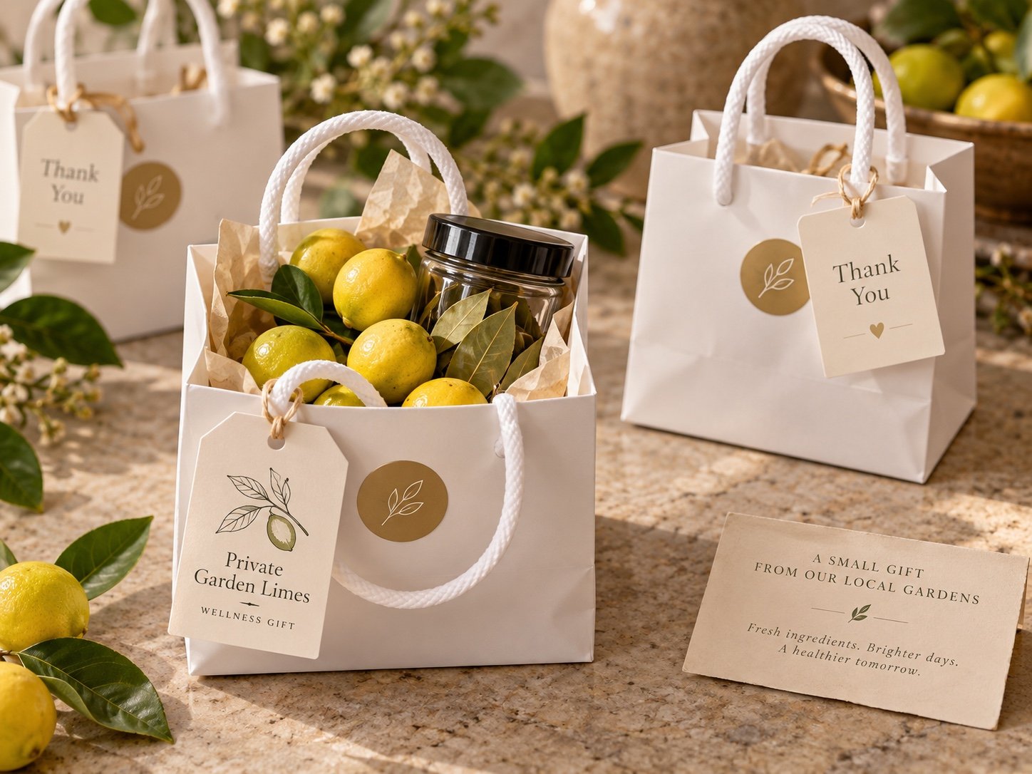 Local garden limes and bay leaves in a gift presentation